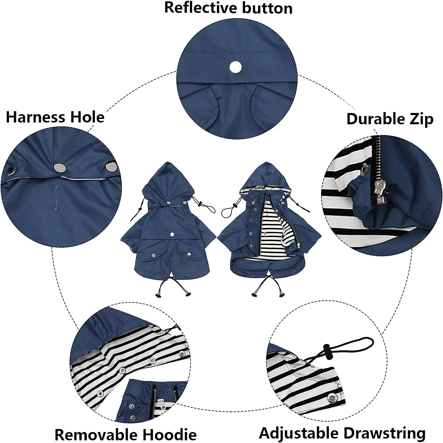 Dog Zip Up Raincoat with Reflective Buttons, Rain/Water Resistant, Adjustable Drawstring, Removable Hood, Raincoats with Legs 8lbs to 80lbs Available - Dark Blue - Small