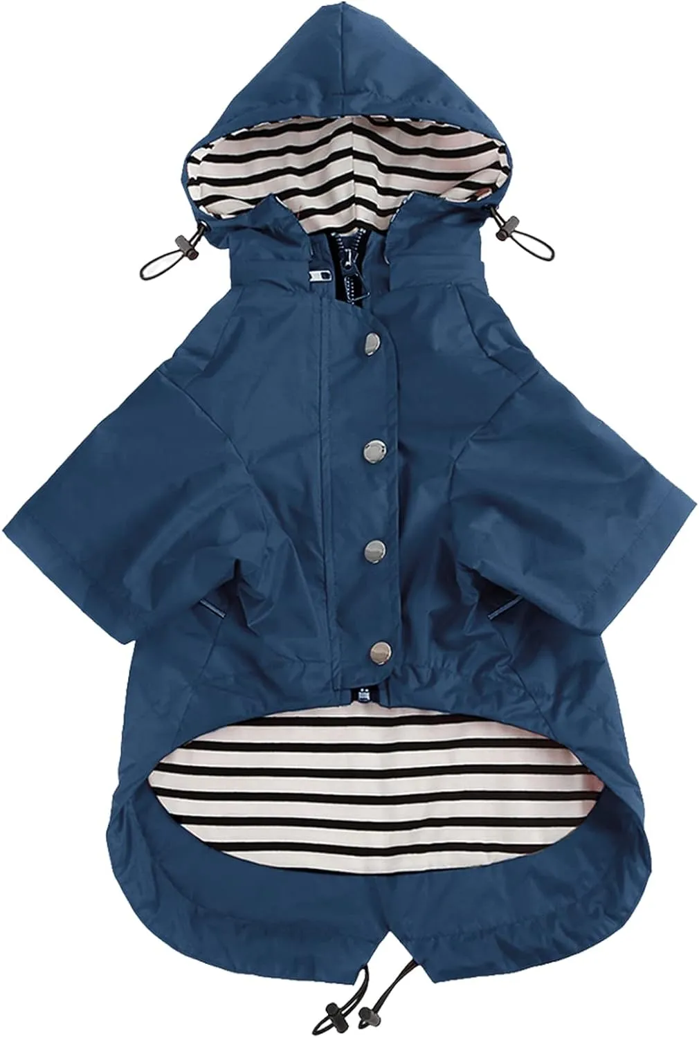 Dog Zip Up Raincoat with Reflective Buttons, Rain/Water Resistant, Adjustable Drawstring, Removable Hood, Raincoats with Legs 8lbs to 80lbs Available - Dark Blue - Small