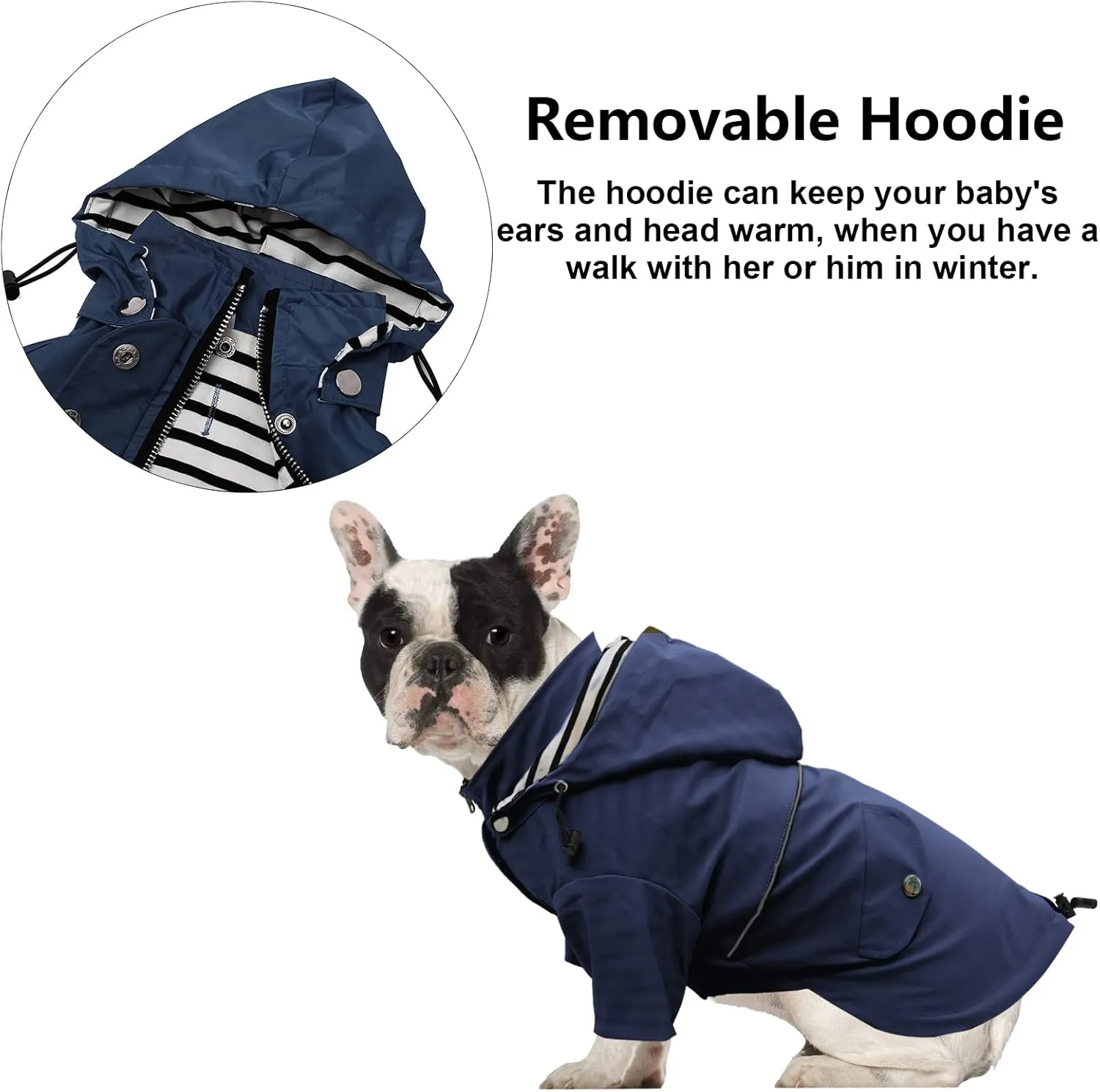 Dog Zip Up Raincoat with Reflective Buttons, Rain/Water Resistant, Adjustable Drawstring, Removable Hood, Raincoats with Legs 8lbs to 80lbs Available - Dark Blue - Small