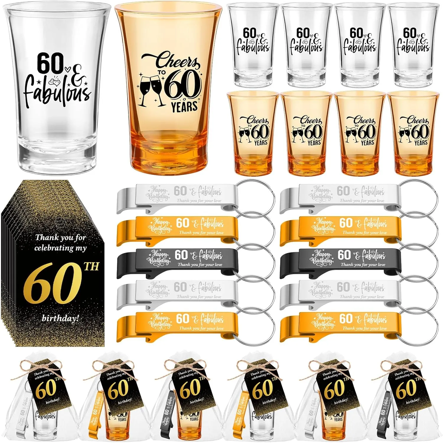 Domensi 50 Sets 60th Birthday Party Favors for Guests Bulk Include Cheers to 60 Short Glasses Beer Bottle Opener Keychains Thank You Cards with Gift Bags and Ropes for Birthday Party Gifts