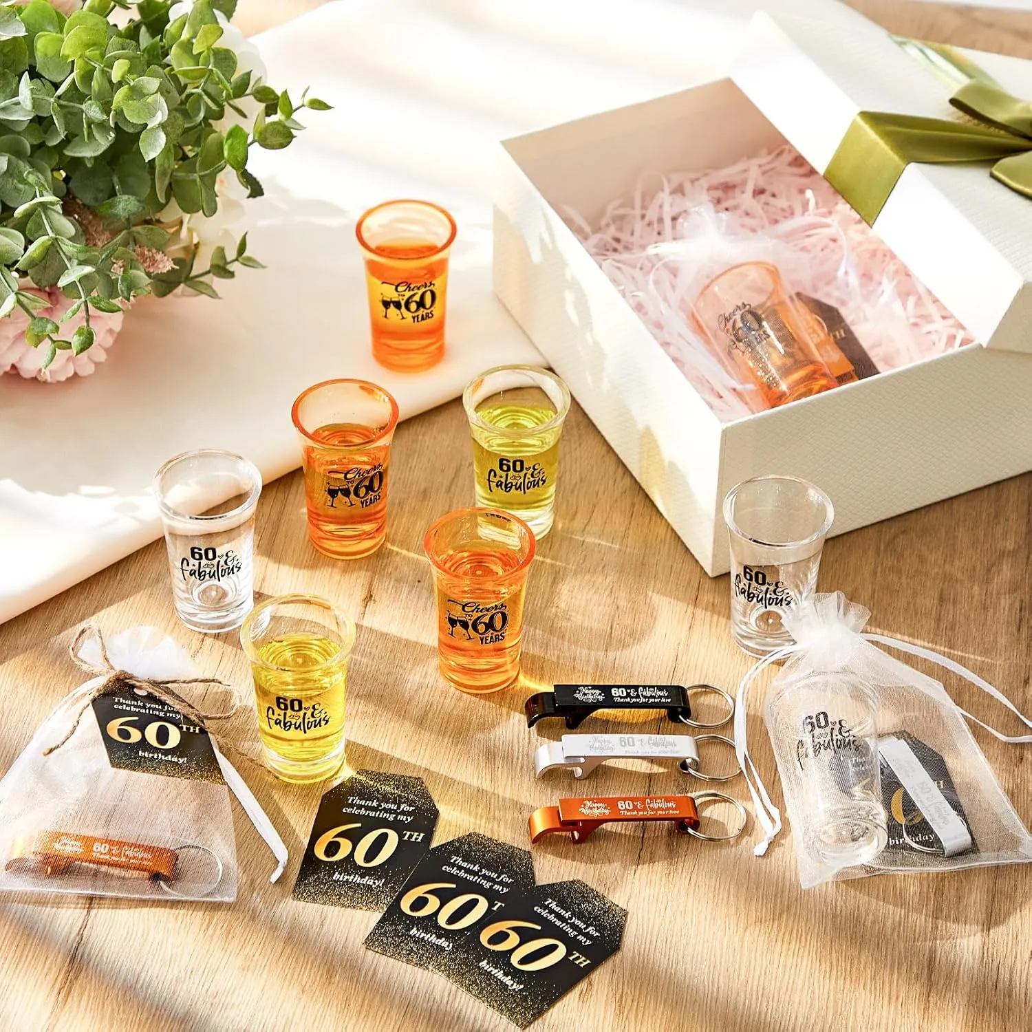 Domensi 50 Sets 60th Birthday Party Favors for Guests Bulk Include Cheers to 60 Short Glasses Beer Bottle Opener Keychains Thank You Cards with Gift Bags and Ropes for Birthday Party Gifts
