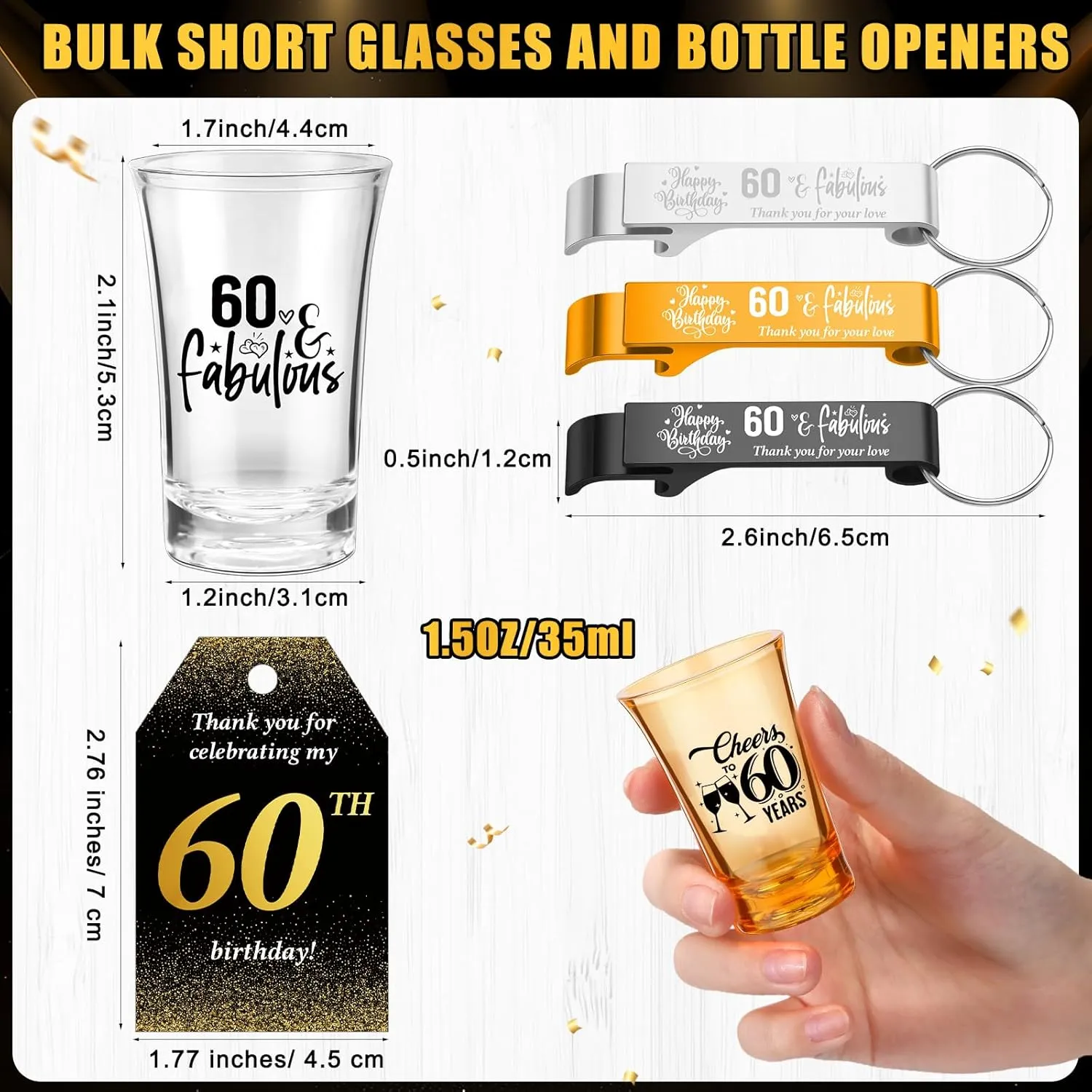 Domensi 50 Sets 60th Birthday Party Favors for Guests Bulk Include Cheers to 60 Short Glasses Beer Bottle Opener Keychains Thank You Cards with Gift Bags and Ropes for Birthday Party Gifts