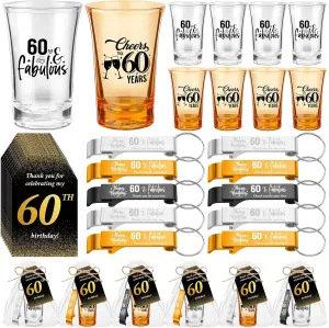 Domensi 50 Sets 60th Birthday Party Favors for Guests Bulk Include Cheers to 60 Short Glasses Beer Bottle Opener Keychains Thank You Cards with Gift Bags and Ropes for Birthday Party Gifts
