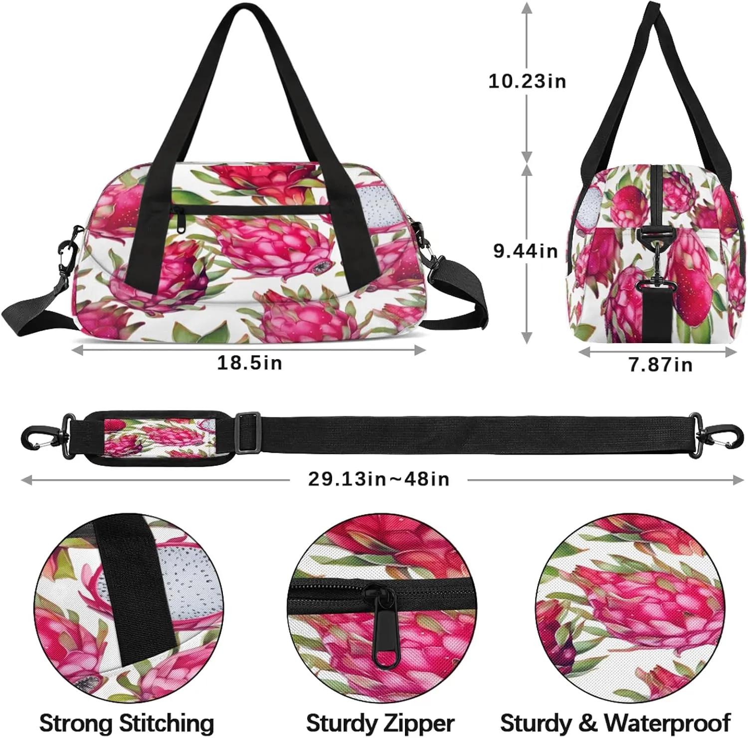 Dragon Fruit Pattern Kids Duffel Bag Lightweight Waterproof Sports Gym Bag with Front Zipper Pocket Foldable Weekender Overnight Bag for School Practice Gymnastic Ballet