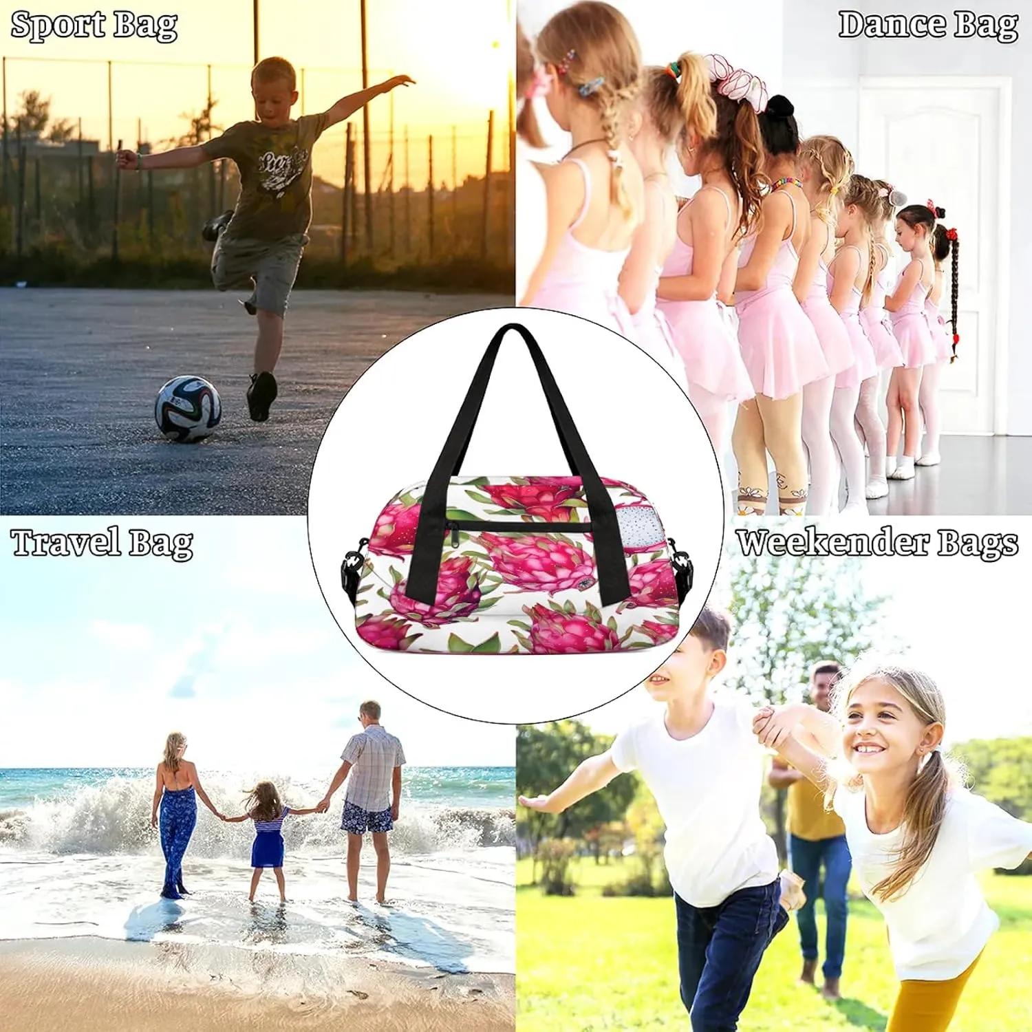 Dragon Fruit Pattern Kids Duffel Bag Lightweight Waterproof Sports Gym Bag with Front Zipper Pocket Foldable Weekender Overnight Bag for School Practice Gymnastic Ballet
