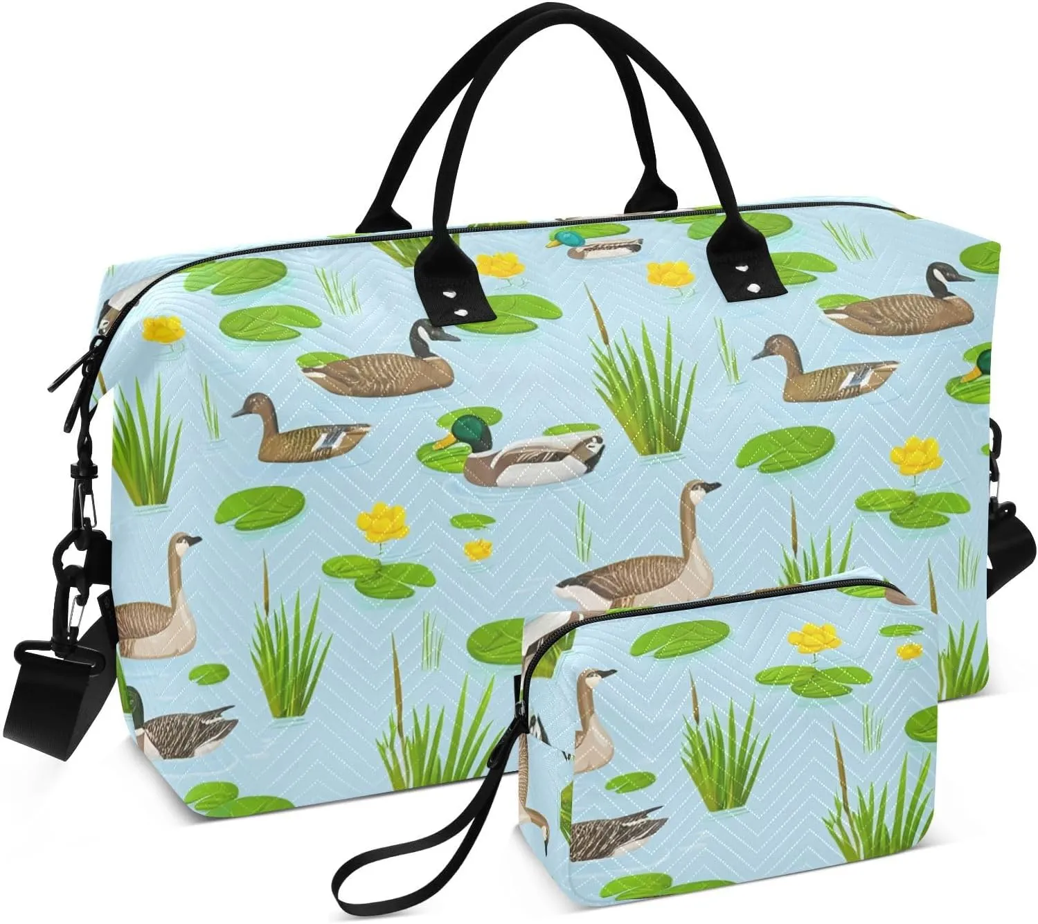 Duck Goose Waterlily Sports Gym Bag for Women Men Travel Duffel Bag Weekend Overnight Carry on Bag with Toiletry Bag Yoga Bag for Workout Swimming Yoga Plane Hospital