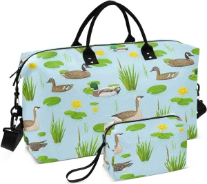 Duck Goose Waterlily Sports Gym Bag for Women Men Travel Duffel Bag Weekend Overnight Carry on Bag with Toiletry Bag Yoga Bag for Workout Swimming Yoga Plane Hospital