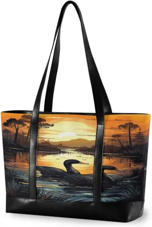 Ducks Sunset Pond Tote Bag with Zipper Work Shoulder Handbag with Compartments Canvas Tote Purse for Women Travel