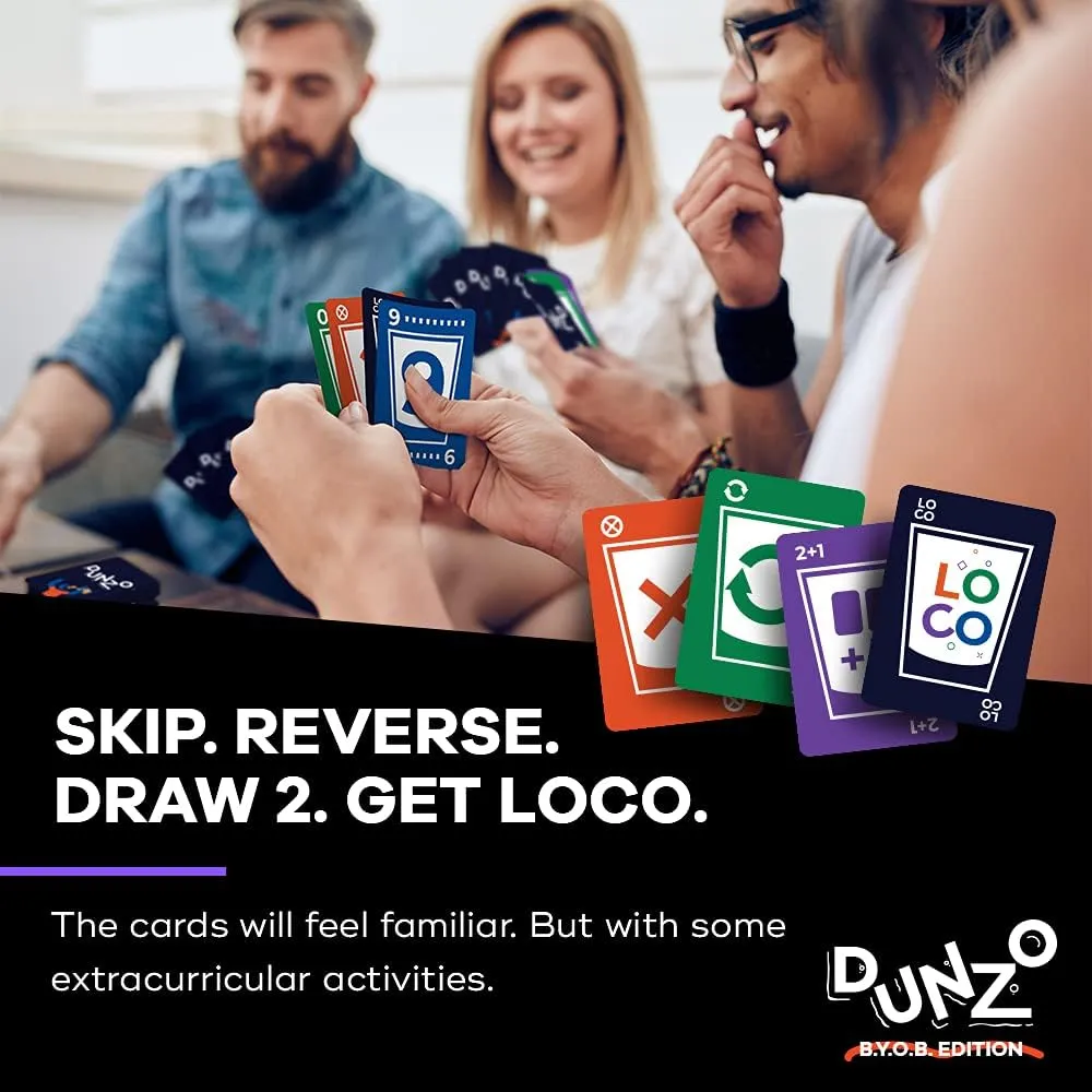 DUNZO™ (BYOB Edition) - Party Version of Classic Card Game - Draw Two, Skip, Reverse, Get Loco - Fun Games for Friends - Perfect for College Parties, Birthdays, Bachelorettes, or Any Event!