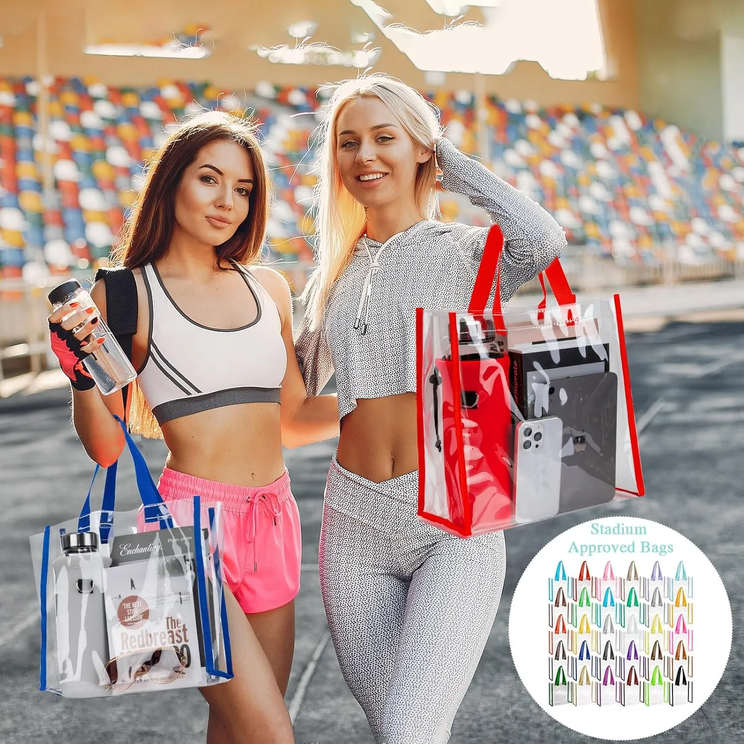 Eccliy 30 Pack 12x12x6 Inch Clear Tote Bag Stadium Approved Bulk Plastic Tote Gift Bag with Handle for Gym Sports Beach