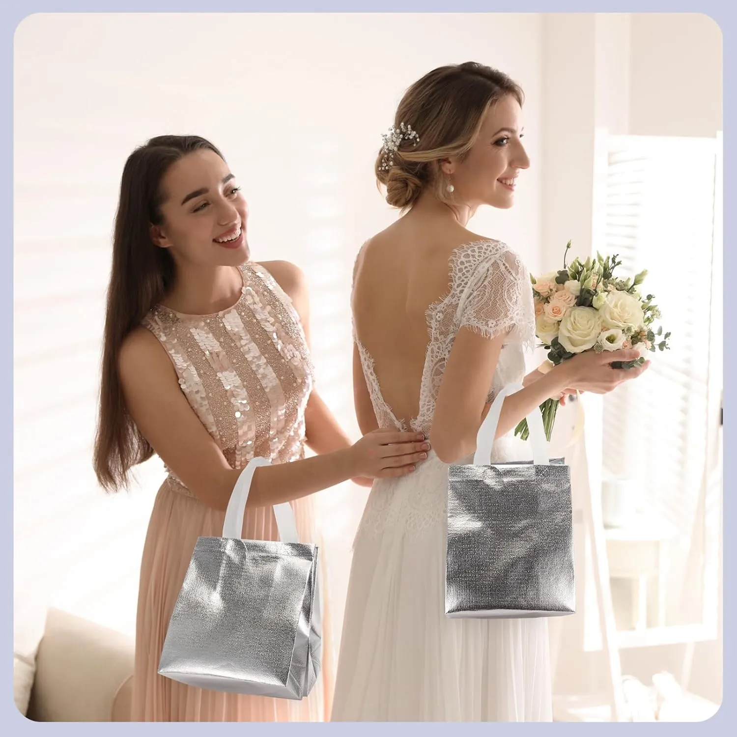 Eccliy 80 Pieces Gift Bags Set Glossy Reusable Tote with Handles Grocery Bags Bulk for Wedding, Bachelorette Party, Christmas(Medium,Silver)