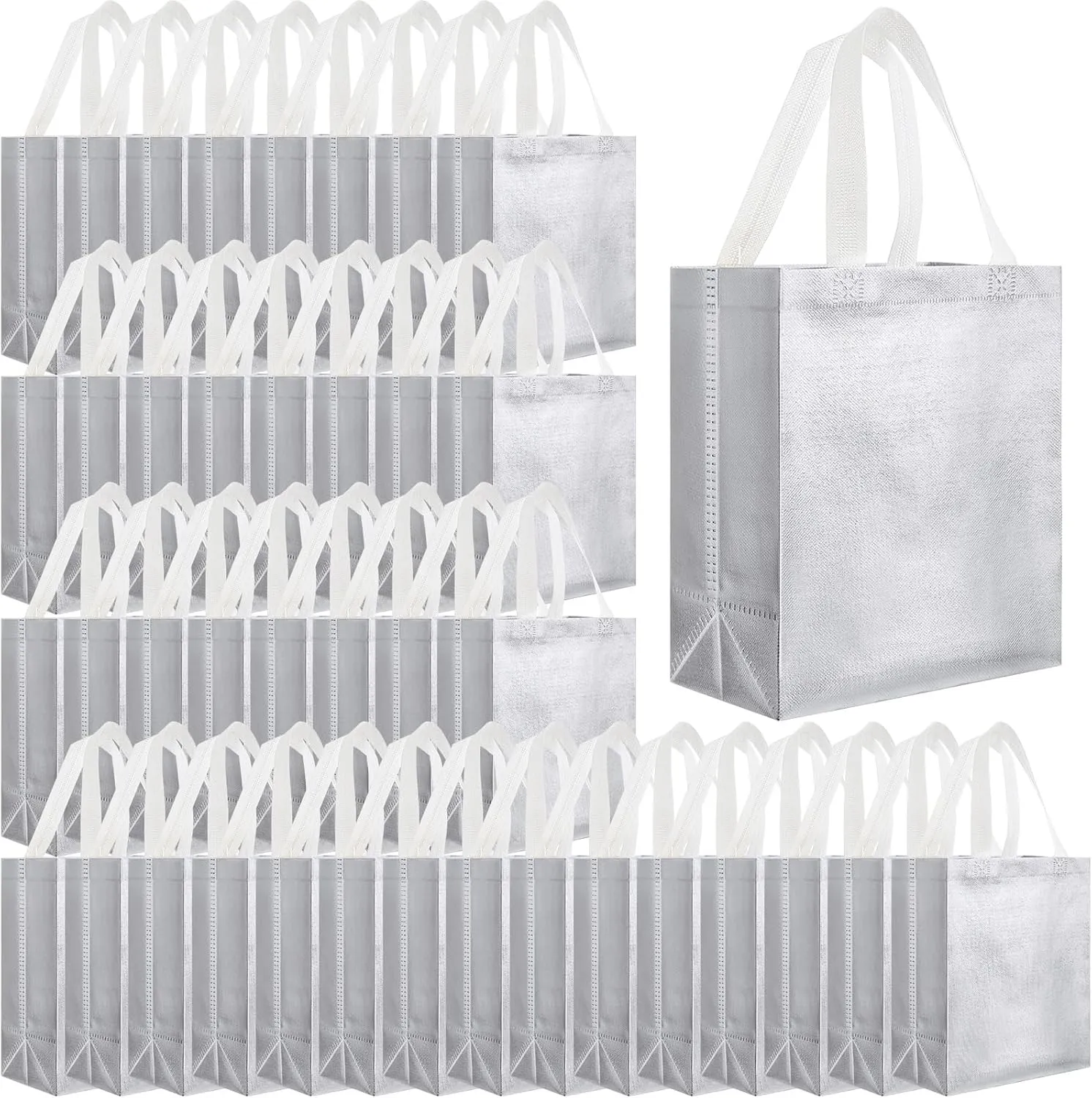 Eccliy 80 Pieces Gift Bags Set Glossy Reusable Tote with Handles Grocery Bags Bulk for Wedding, Bachelorette Party, Christmas(Medium,Silver)