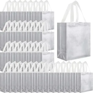Eccliy 80 Pieces Gift Bags Set Glossy Reusable Tote with Handles Grocery Bags Bulk for Wedding, Bachelorette Party, Christmas(Medium,Silver)