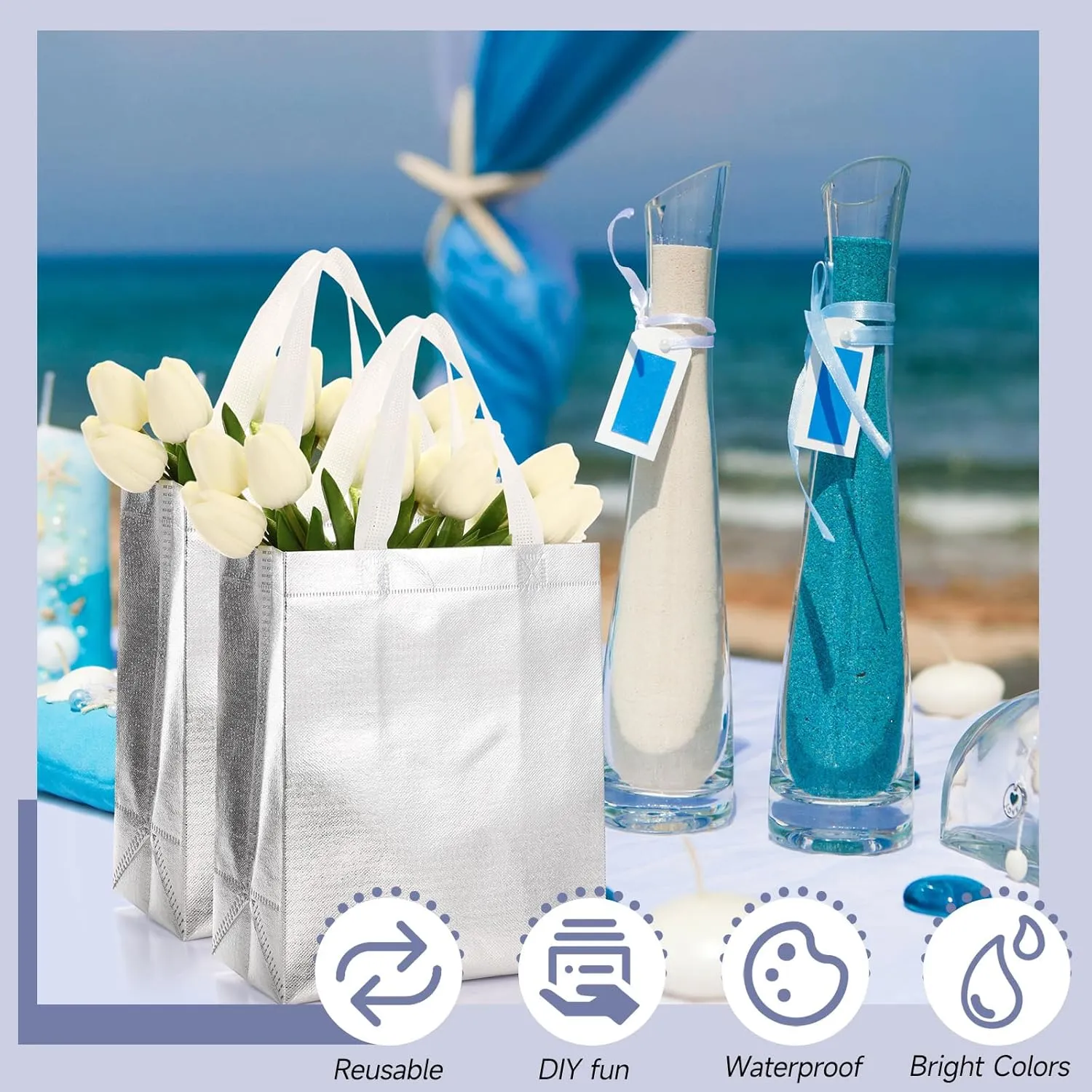Eccliy 80 Pieces Gift Bags Set Glossy Reusable Tote with Handles Grocery Bags Bulk for Wedding, Bachelorette Party, Christmas(Medium,Silver)