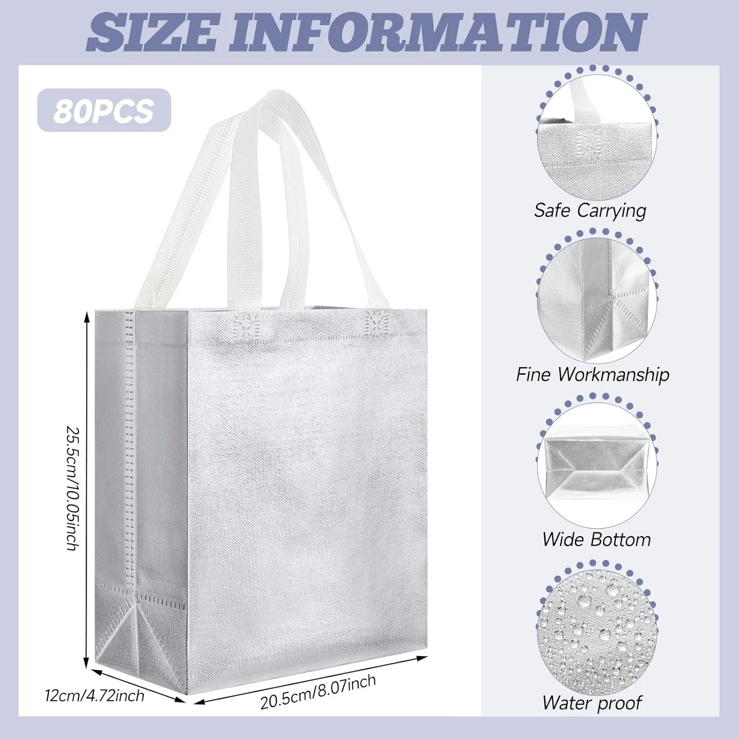 Eccliy 80 Pieces Gift Bags Set Glossy Reusable Tote with Handles Grocery Bags Bulk for Wedding, Bachelorette Party, Christmas(Medium,Silver)