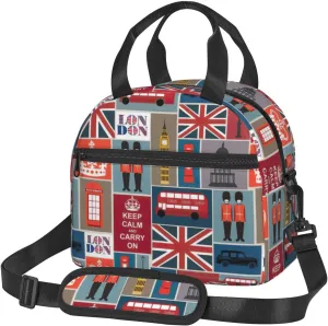 England Symbols Print Insulated Lunch Bag Large Capacity Lightweight Handheld Bags Back Zipper Pockets