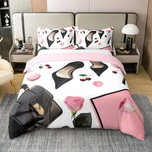 Erosebridal High Heel 100% Cotton Duvet Cover Queen Size Handbag Bedding Set for Girls Women Macarons Rose Cherry Fantasy White Pink Black Comforter Cover Soft Breathable Bedclothes