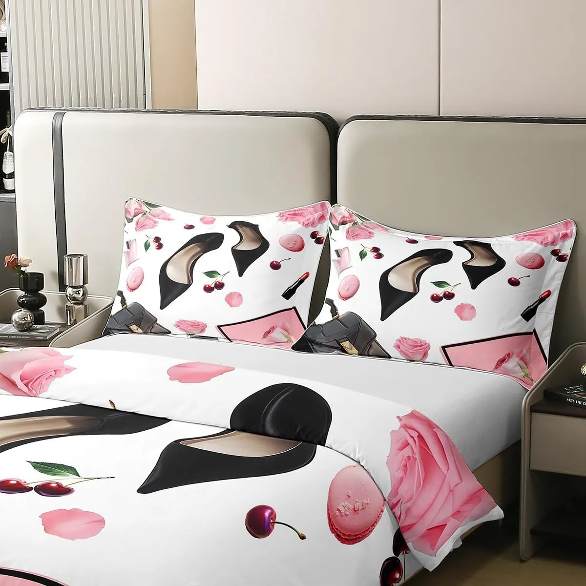 Erosebridal High Heel 100% Cotton Duvet Cover Queen Size Handbag Bedding Set for Girls Women Macarons Rose Cherry Fantasy White Pink Black Comforter Cover Soft Breathable Bedclothes