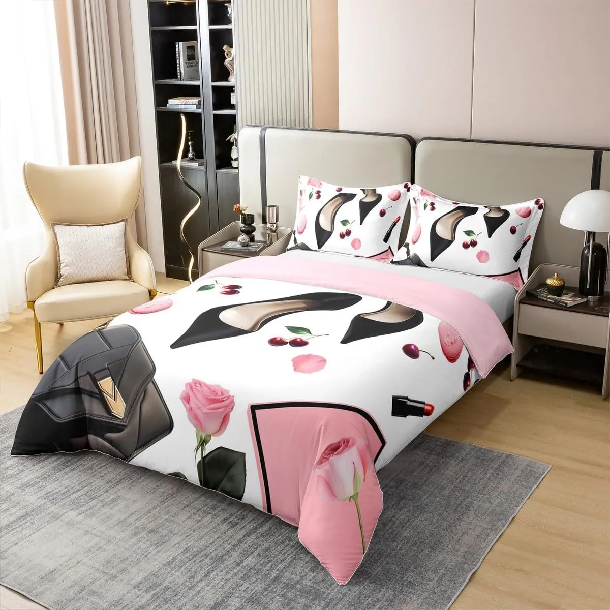 Erosebridal High Heel 100% Cotton Duvet Cover Queen Size Handbag Bedding Set for Girls Women Macarons Rose Cherry Fantasy White Pink Black Comforter Cover Soft Breathable Bedclothes