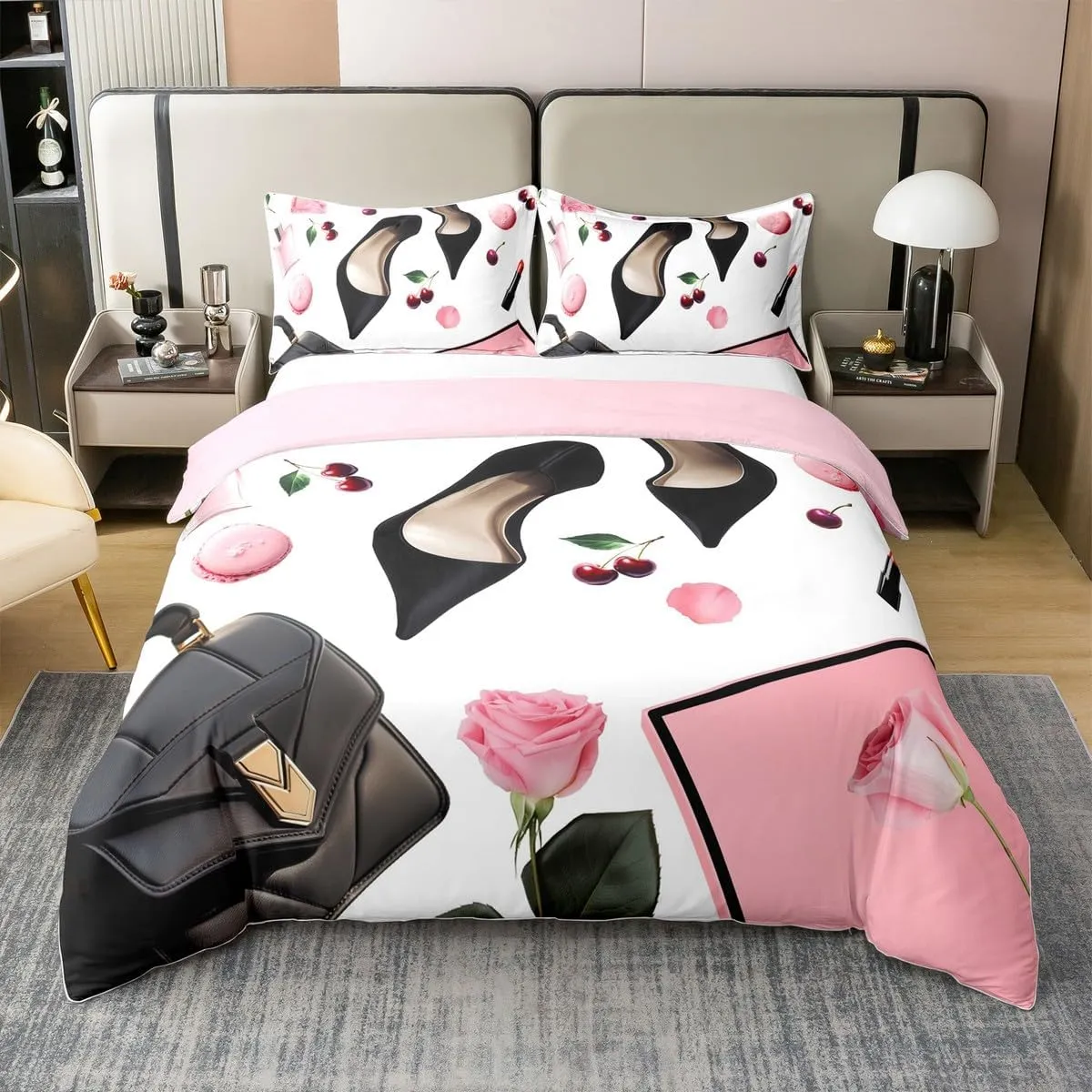 Erosebridal High Heel 100% Cotton Duvet Cover Queen Size Handbag Bedding Set for Girls Women Macarons Rose Cherry Fantasy White Pink Black Comforter Cover Soft Breathable Bedclothes