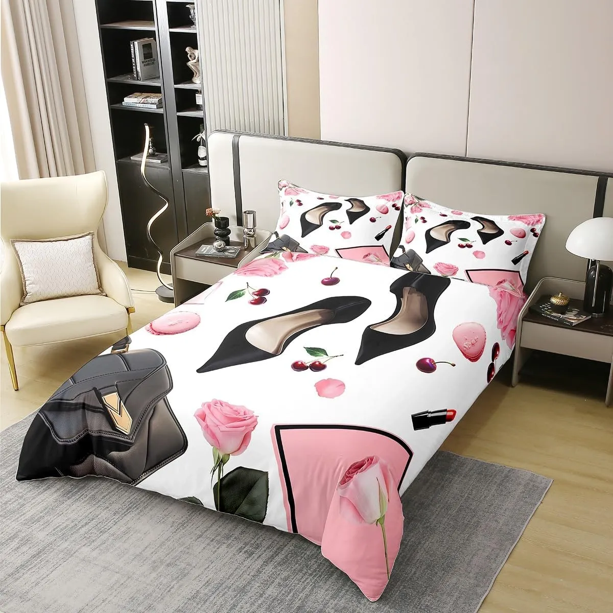 Erosebridal High Heel 100% Cotton Duvet Cover Queen Size Handbag Bedding Set for Girls Women Macarons Rose Cherry Fantasy White Pink Black Comforter Cover Soft Breathable Bedclothes