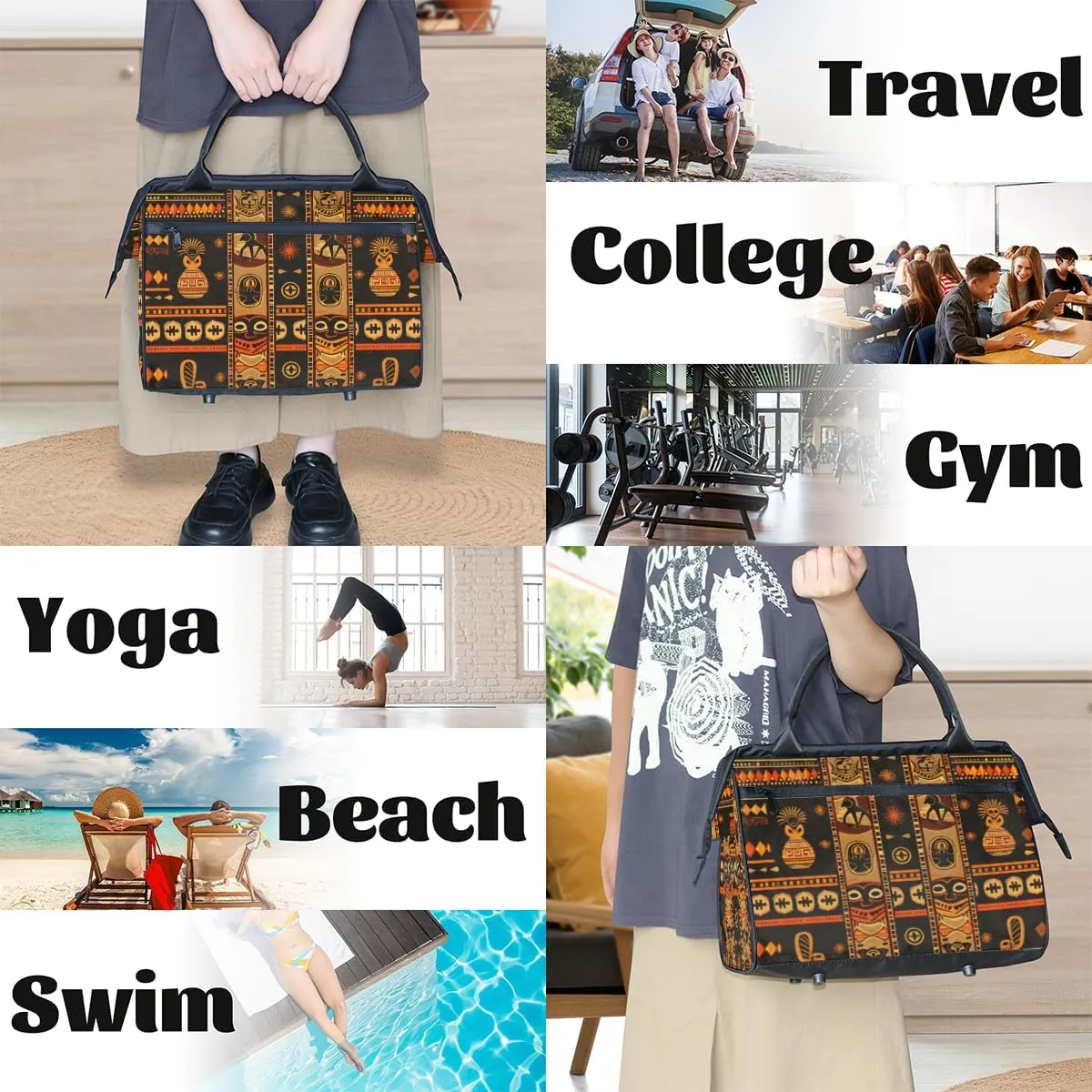 Ethnic Abstract Egypt Weekender Overnight Bag for Women Waterproof Carry On Travel Duffle Bags with Pocket Lightweight Sports Gym Tote Bag Large Luggage Workout Personal Item Hospital Bags