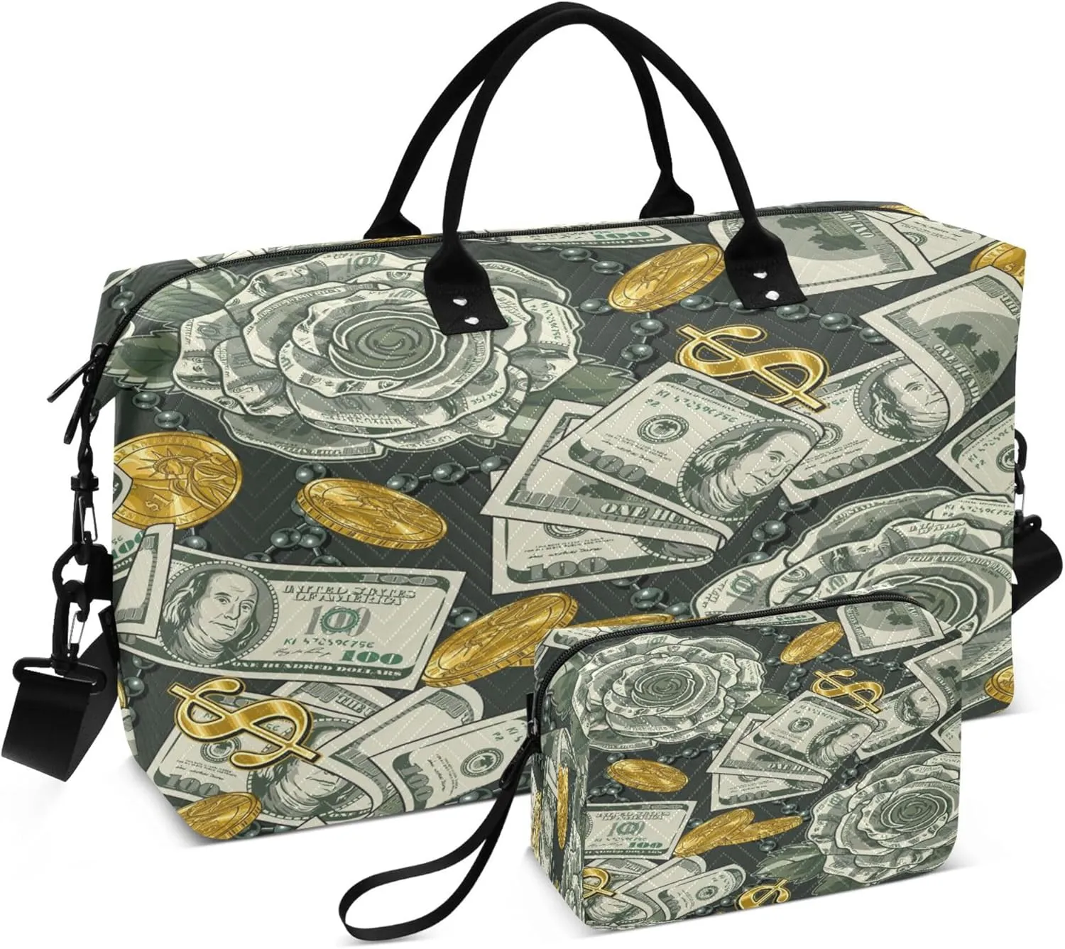 Exnundod Money Rose Golden Coins Travel Duffel Bags for Women Sports Gym Bag Weekender Carry On Tote Overnight Luggage Duffle Bags