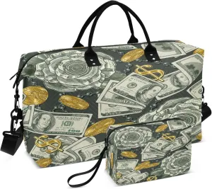 Exnundod Money Rose Golden Coins Travel Duffel Bags for Women Sports Gym Bag Weekender Carry On Tote Overnight Luggage Duffle Bags