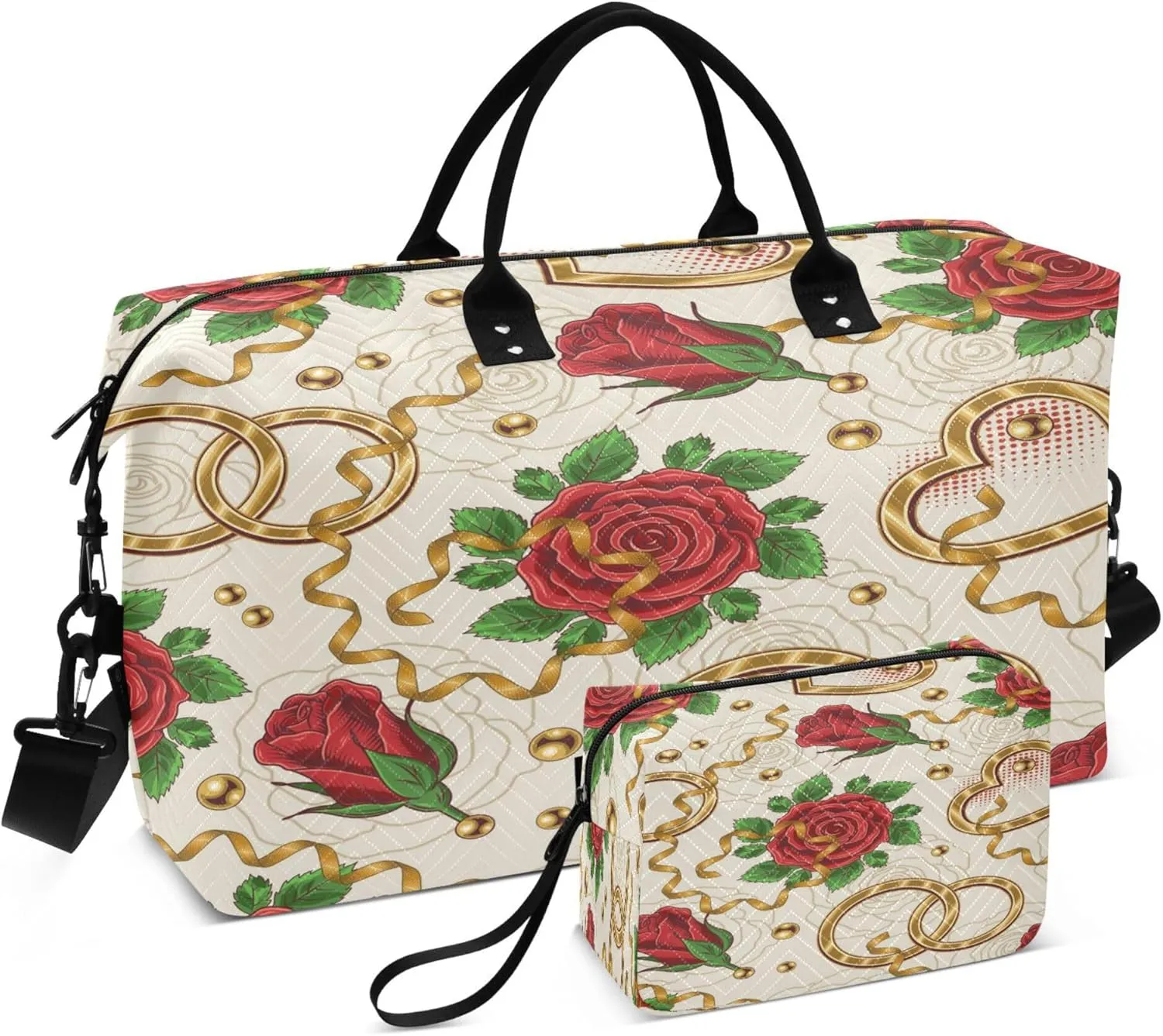 Exnundod Red Rose Flower Golden Hearts Travel Duffel Bags for Women Sports Gym Bag Weekender Carry On Tote Overnight Luggage Duffle Bags