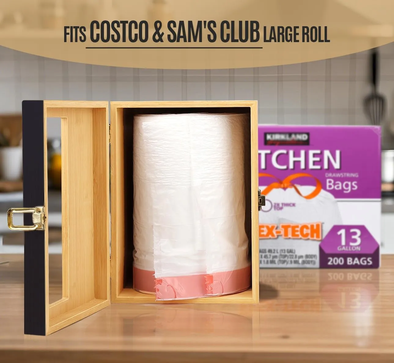 Extra Large Black Bamboo Trash Bag Organizer Roll Holder, Fits Costco & Sam's Club Jumbo Rolls, Under-Sink, Cabinet & Wall Mount Dispenser, Garbage Bag Storage for Kitchen, Pantry, Garage