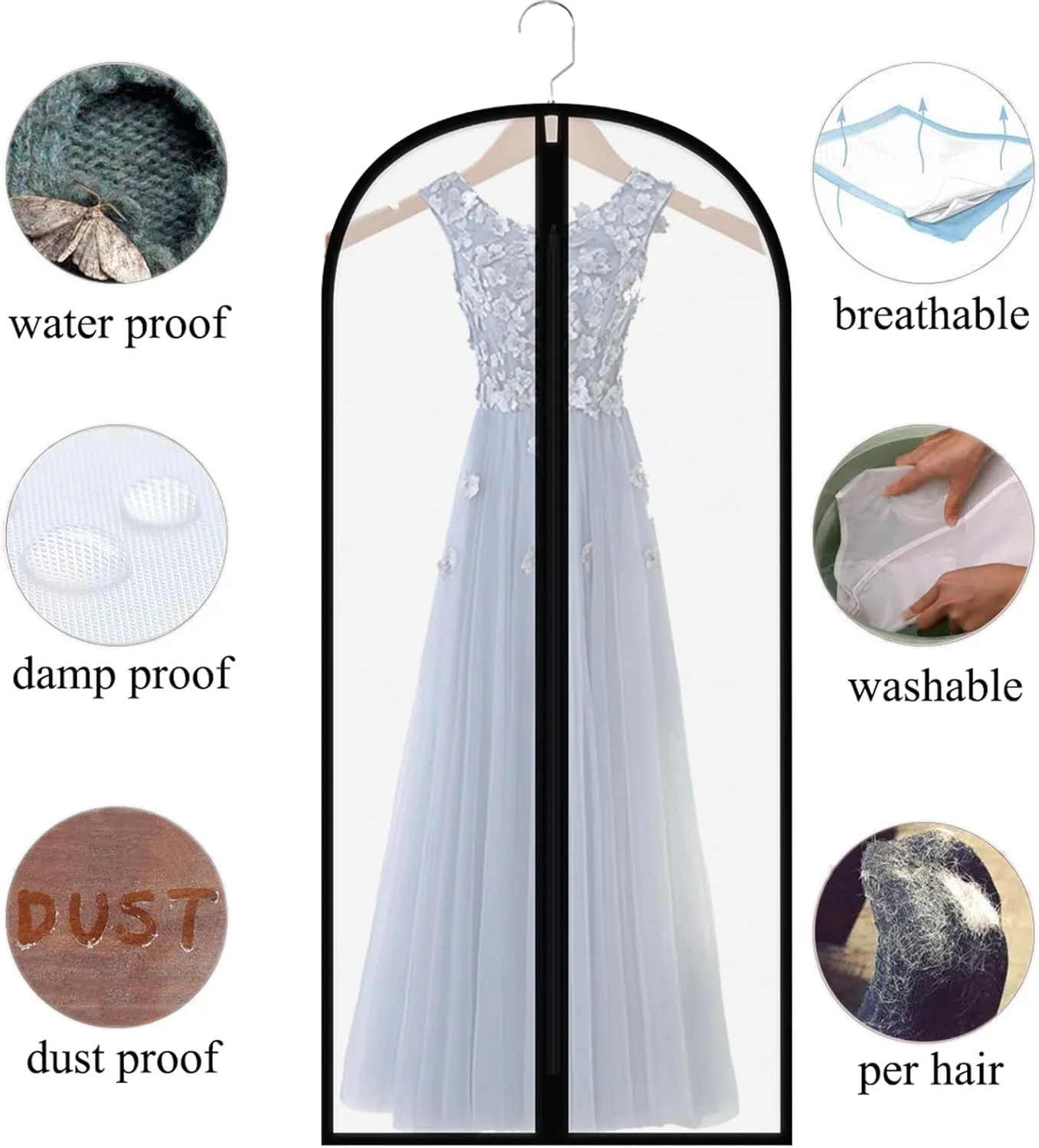 Extra Long Dress Garment Bags 60in Clear Hanging Lightweight Breathable Dust Proof Cover with Study Full Zipper for Storage Clothes and Travel Pack of 6