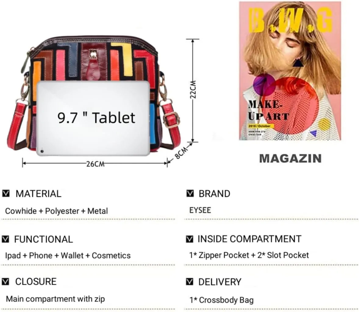 Eysee Crossbody Bag Women Multicolor, Leather Handbag Colorful Purses (Multicolour5)