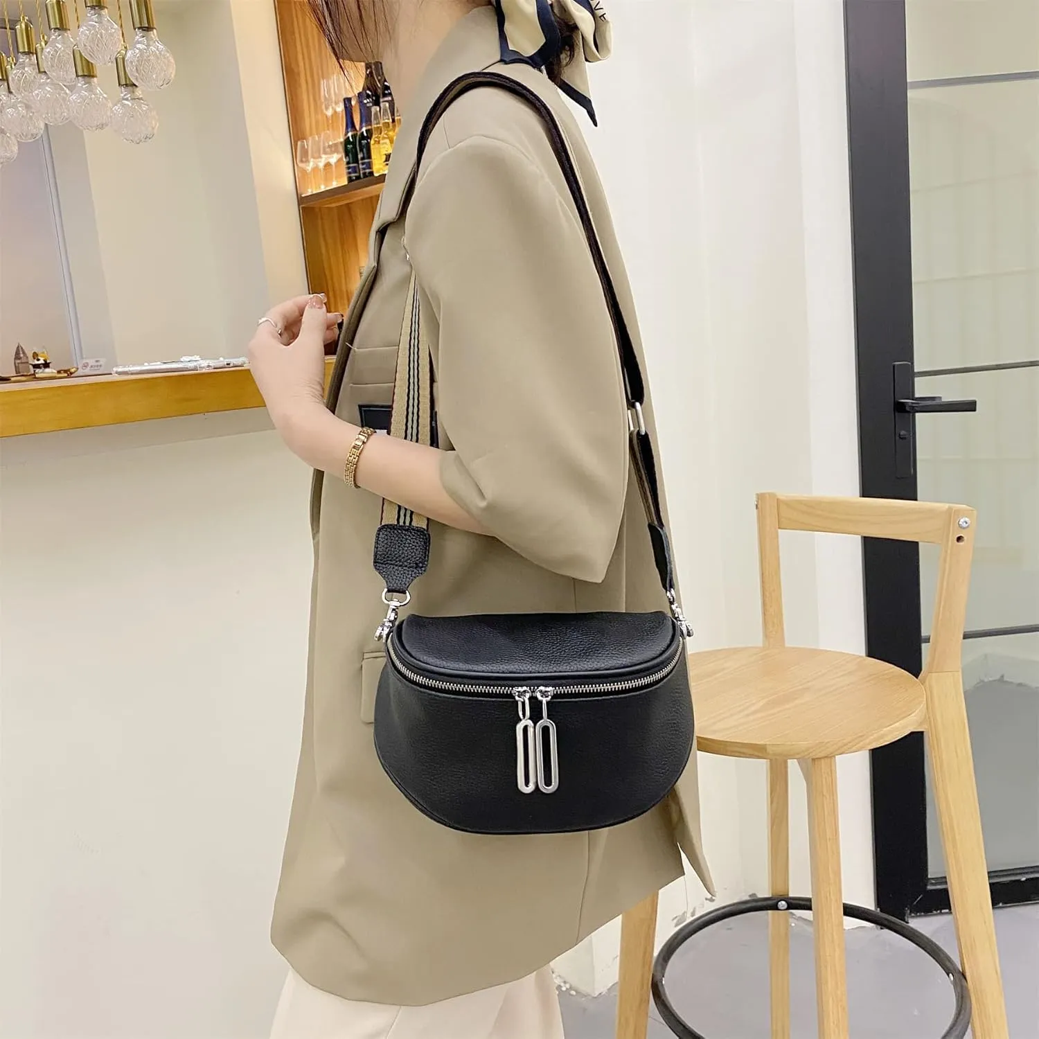 Fanny Pack Crossbody Bags For Women Genuine Leather Fashion Shoulder Handbag Belt Bag Waist Purse (Black01)