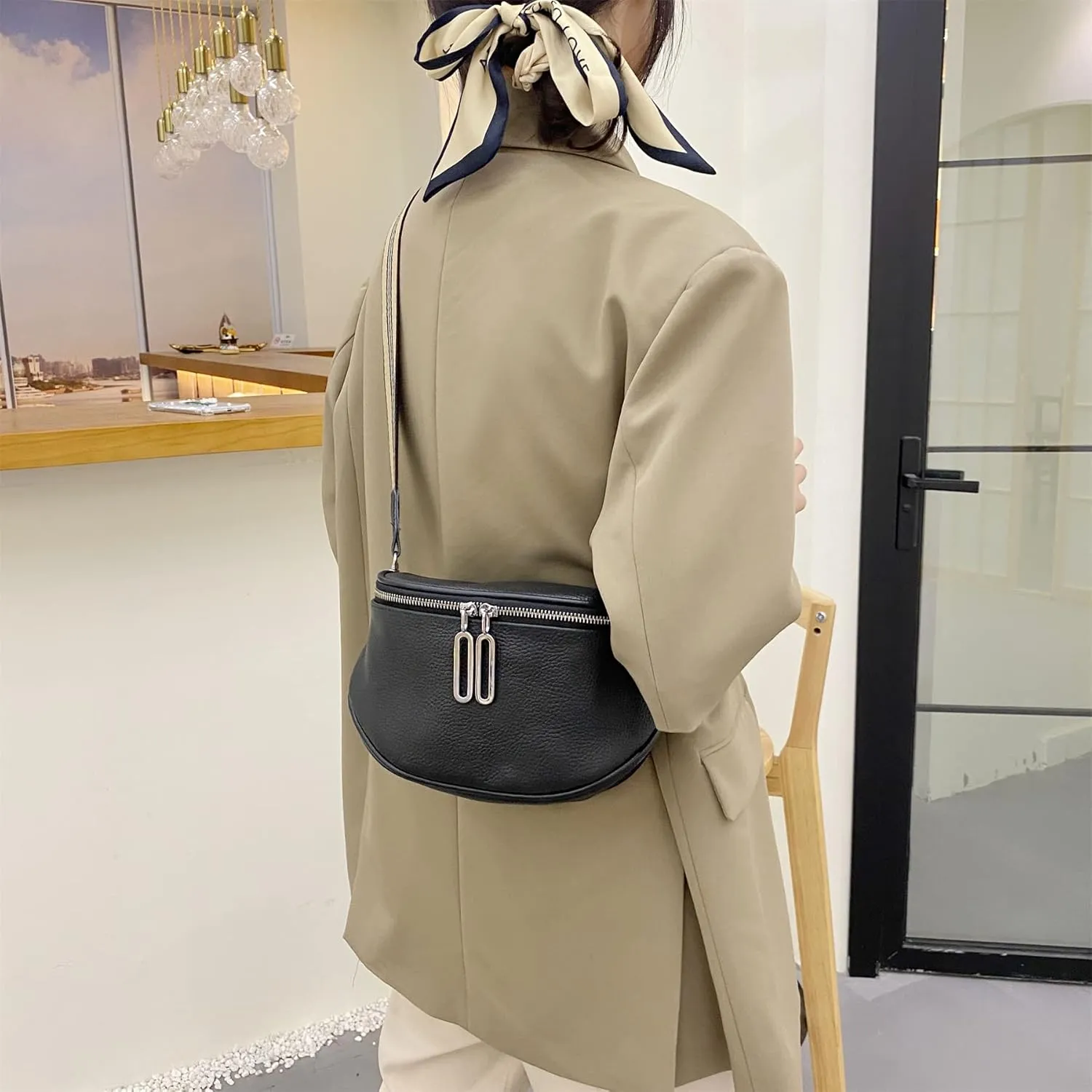 Fanny Pack Crossbody Bags For Women Genuine Leather Fashion Shoulder Handbag Belt Bag Waist Purse (Black01)
