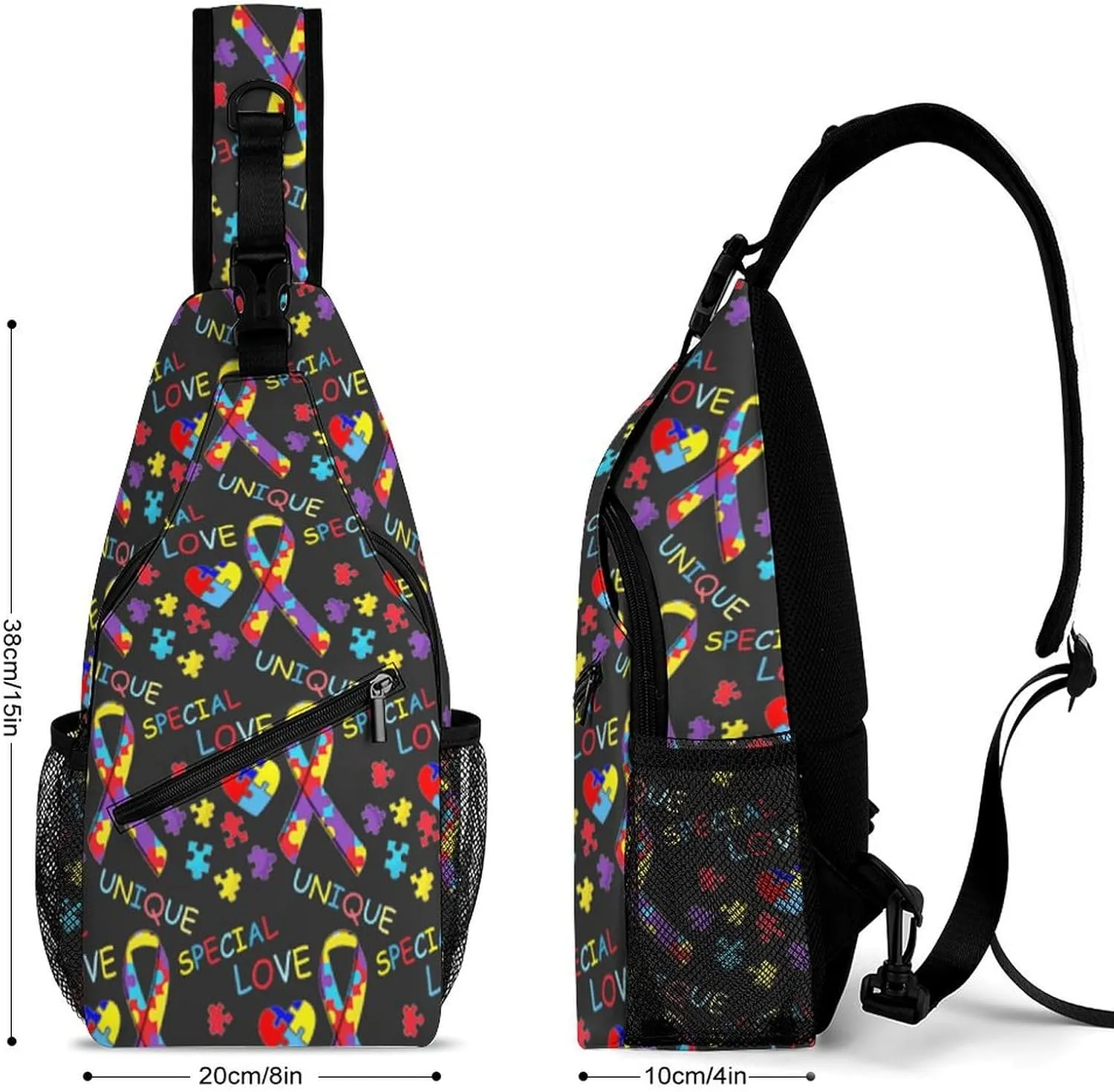 Fashion Sling Backpack, Rope Bag, for Colorful Puzzle Autism Awareness Black Chest Pack Crossbody Bags, Tool Backpak, Gym Bags Sack Daypack Outdoor Backpack for Man Women Lady