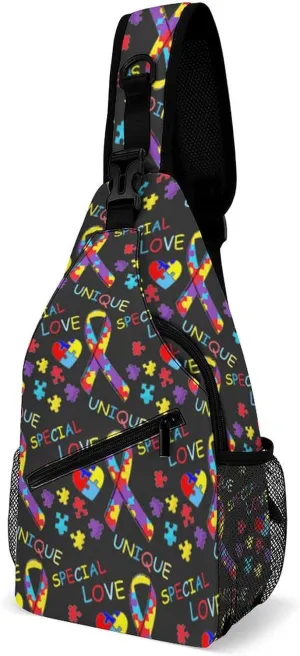 Fashion Sling Backpack, Rope Bag, for Colorful Puzzle Autism Awareness Black Chest Pack Crossbody Bags, Tool Backpak, Gym Bags Sack Daypack Outdoor Backpack for Man Women Lady