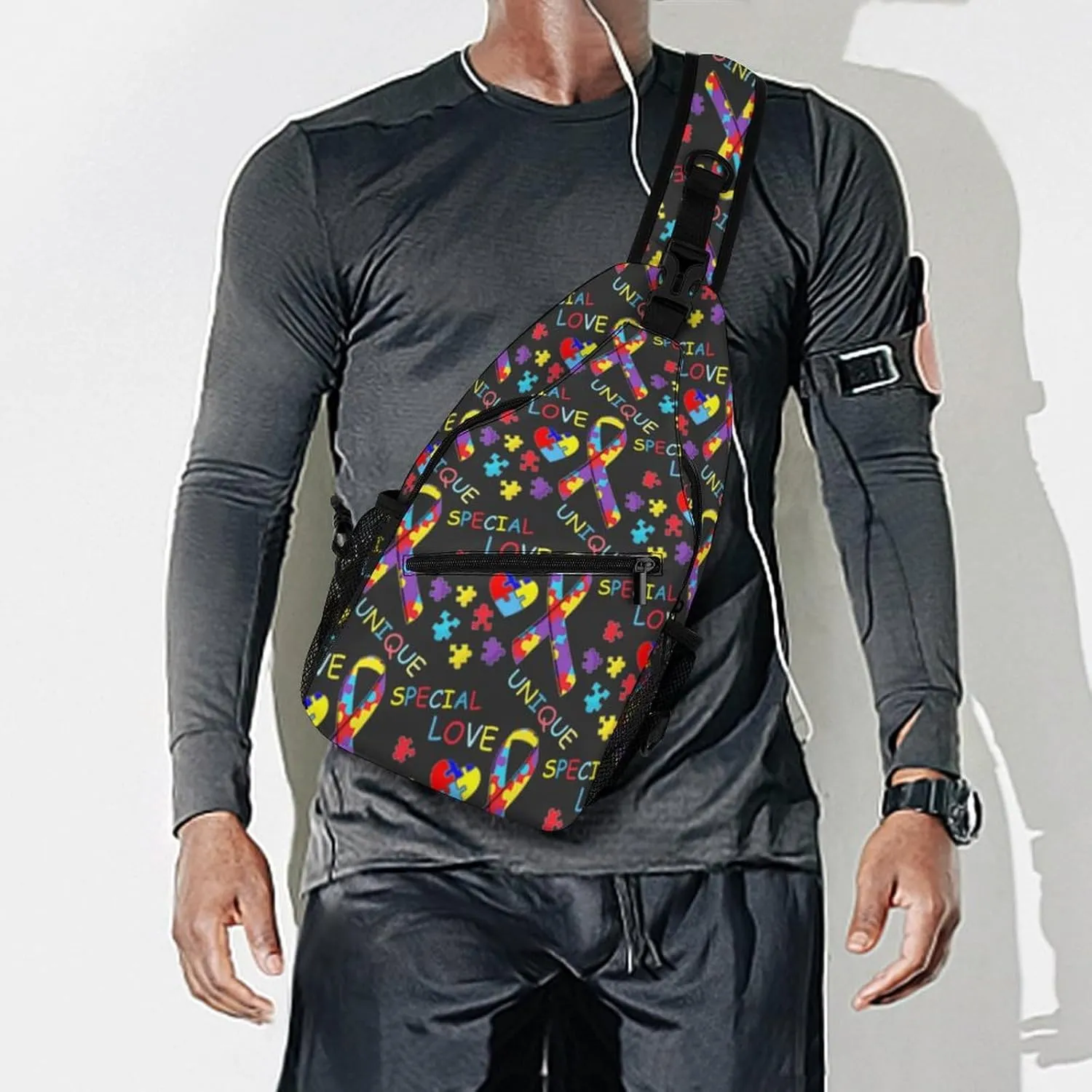 Fashion Sling Backpack, Rope Bag, for Colorful Puzzle Autism Awareness Black Chest Pack Crossbody Bags, Tool Backpak, Gym Bags Sack Daypack Outdoor Backpack for Man Women Lady