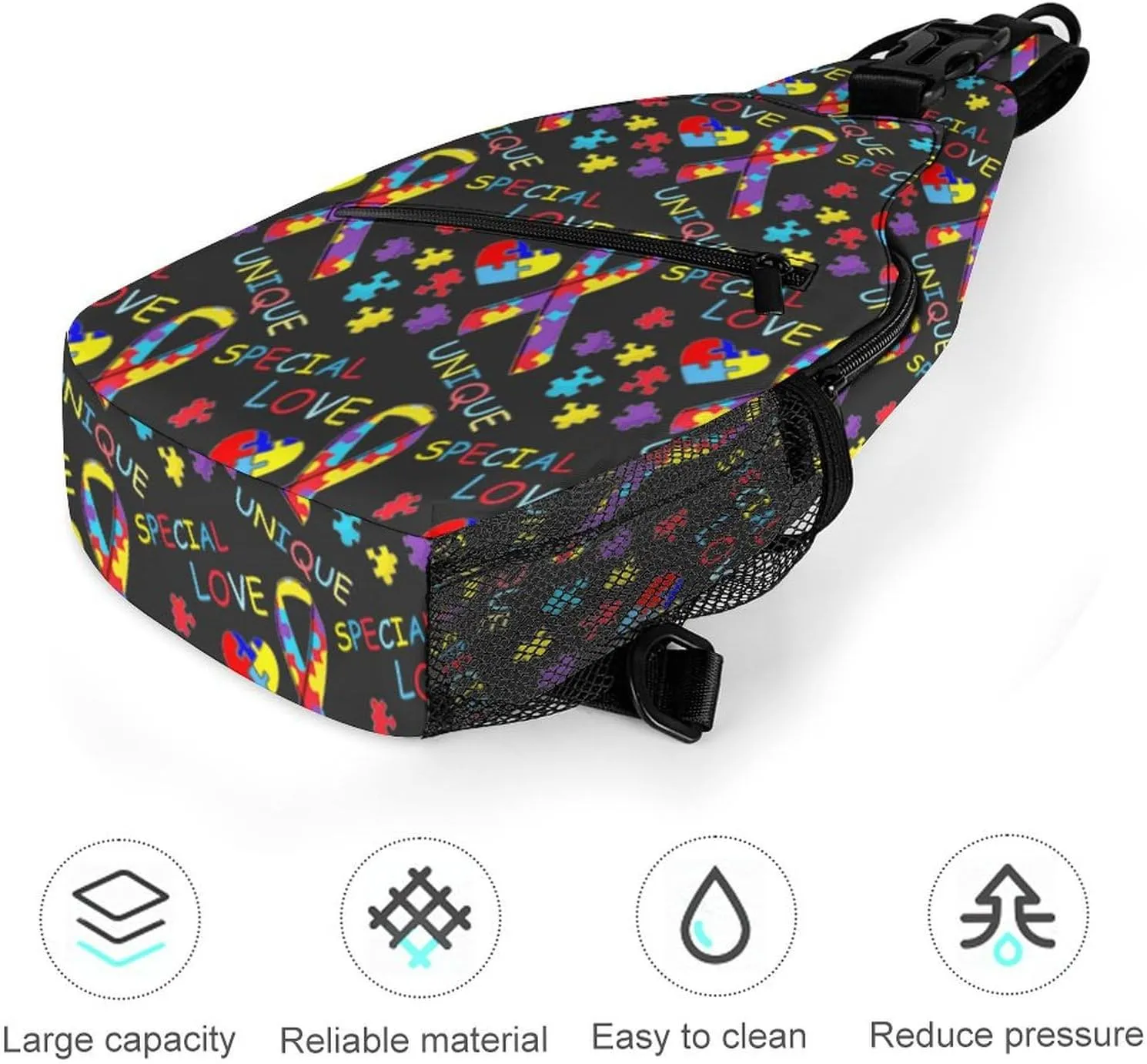 Fashion Sling Backpack, Rope Bag, for Colorful Puzzle Autism Awareness Black Chest Pack Crossbody Bags, Tool Backpak, Gym Bags Sack Daypack Outdoor Backpack for Man Women Lady