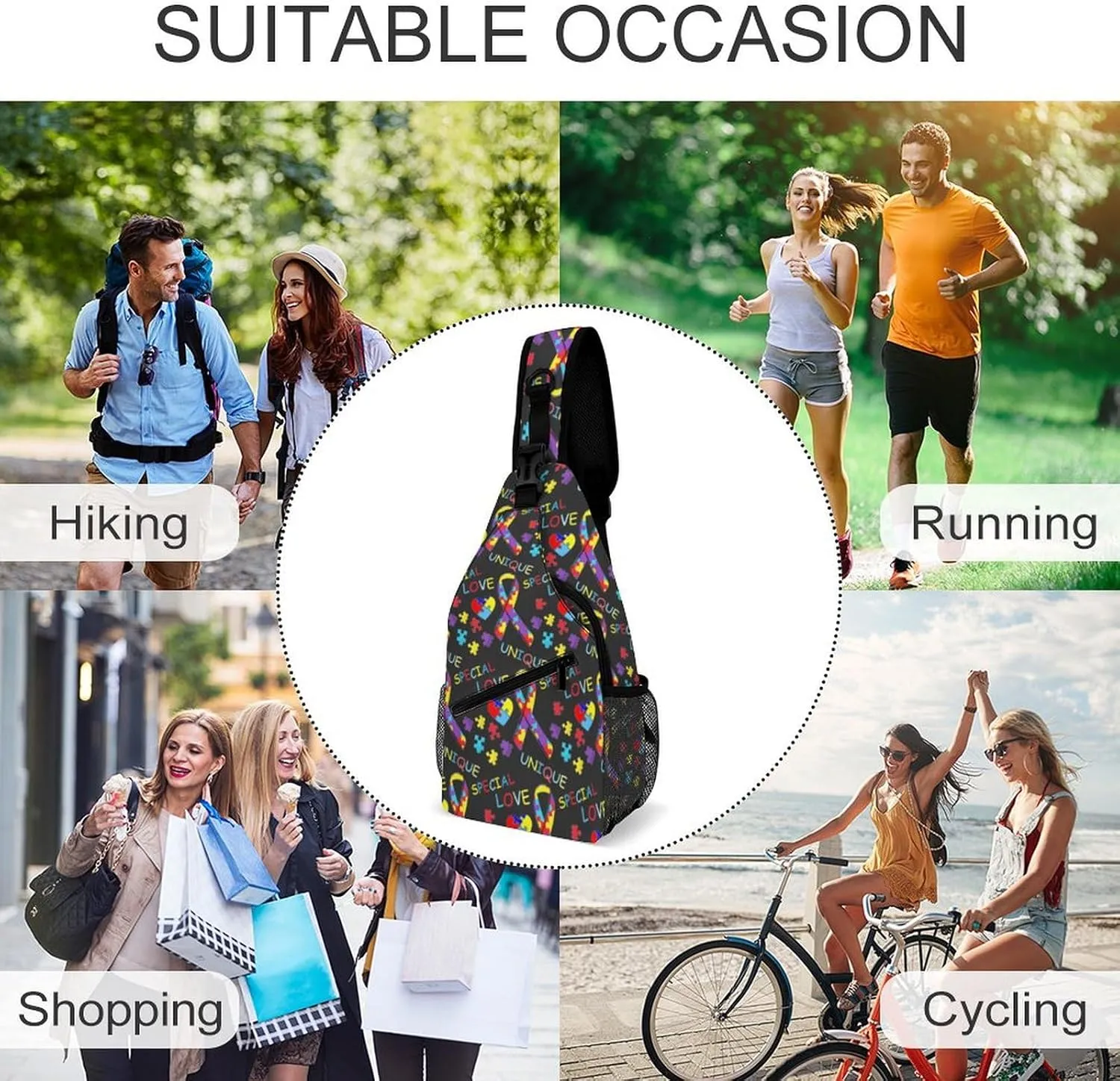 Fashion Sling Backpack, Rope Bag, for Colorful Puzzle Autism Awareness Black Chest Pack Crossbody Bags, Tool Backpak, Gym Bags Sack Daypack Outdoor Backpack for Man Women Lady