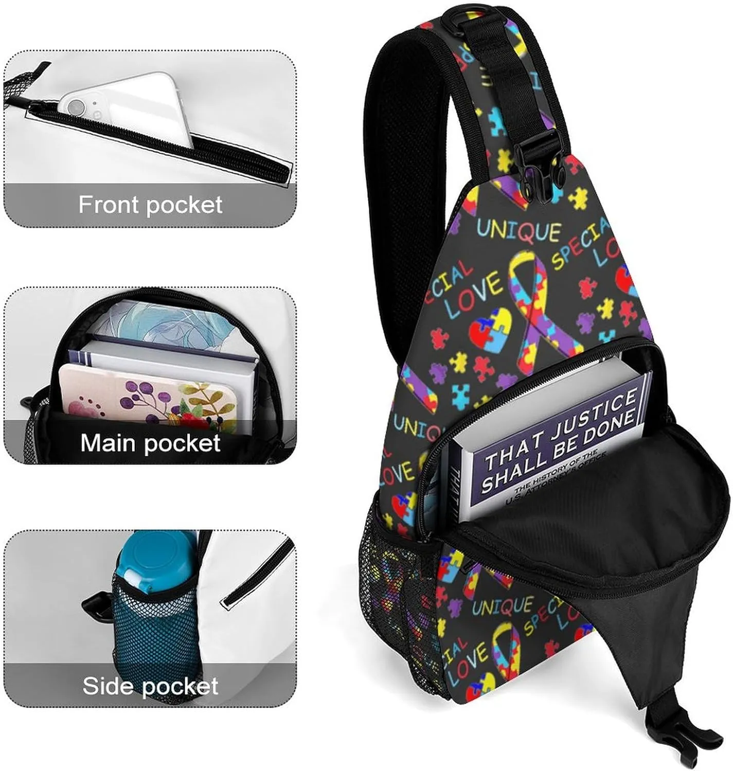 Fashion Sling Backpack, Rope Bag, for Colorful Puzzle Autism Awareness Black Chest Pack Crossbody Bags, Tool Backpak, Gym Bags Sack Daypack Outdoor Backpack for Man Women Lady