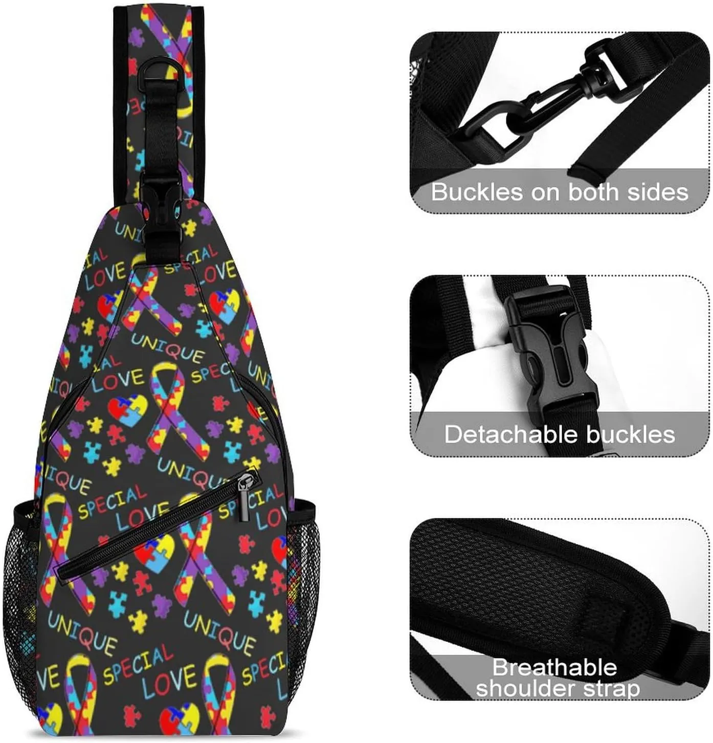 Fashion Sling Backpack, Rope Bag, for Colorful Puzzle Autism Awareness Black Chest Pack Crossbody Bags, Tool Backpak, Gym Bags Sack Daypack Outdoor Backpack for Man Women Lady