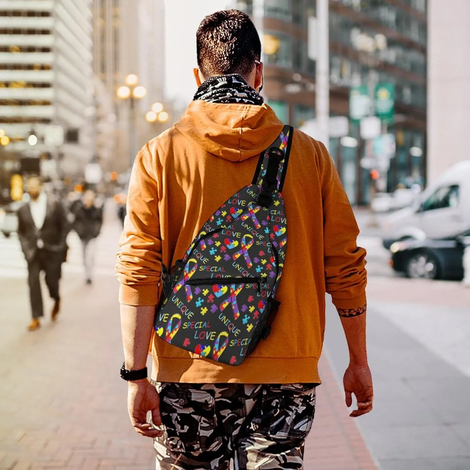Fashion Sling Backpack, Rope Bag, for Colorful Puzzle Autism Awareness Black Chest Pack Crossbody Bags, Tool Backpak, Gym Bags Sack Daypack Outdoor Backpack for Man Women Lady