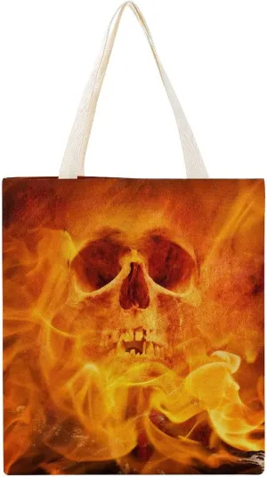 Fire Flaming Skull Canvas Tote Bag Fashion Grocery Bags Reusable Shopping Bag for Women