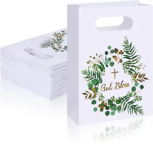 First Communion Religious Party Favor Gift Bags Cross Paper Gift Bags God Bless Treat Paper Bags for First Communions, Christenings, Baptism, Easter (60 Pack)