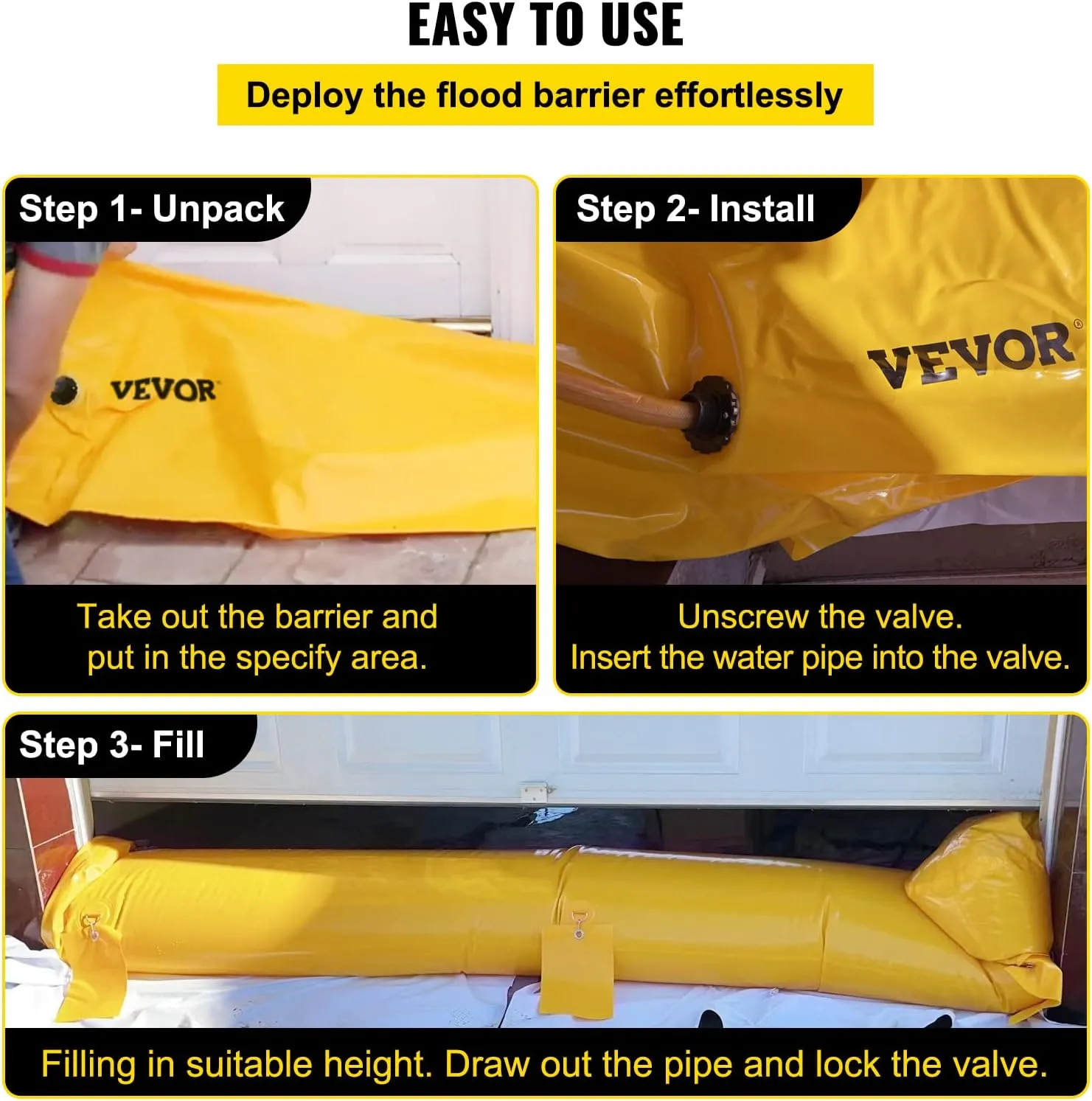 Flood Barrier, Flood Bags, Sandbag Alternative, Water Barrier for Flooding with Great Waterproof Effect, Reusable PVC Water Diversion Tubes, Lightweight Flood Barriers for Home, Door, Garage(24FT*6in)