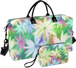 Floral Petal Chartreuse Sports Gym Bag for Women Men Travel Duffel Bag Weekend Overnight Carry on Bag with Toiletry Bag Workout Dance Bag for Swimming Yoga Workout Plane Hospital