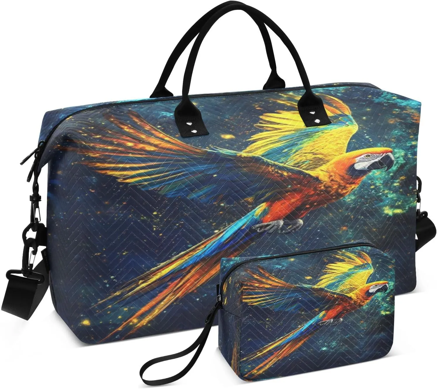 Flying Macaw Cosmic Darkblue Sports Gym Bag for Women Men Travel Duffel Bag Weekend Overnight Carry on Bag with Toiletry Bag Air Travel Bag for Swimming Yoga Workout Plane Hospital