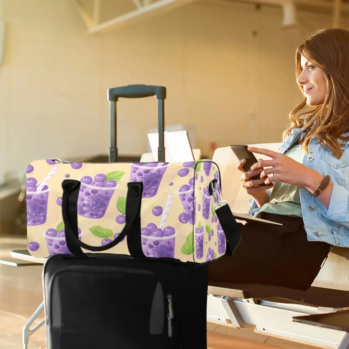 Foldable Travel Bag Blueberry Juice Print Lightweight Carry On Bags for Airplanes Waterproof Travel Duffle Bag For Gym Weekend Overnight