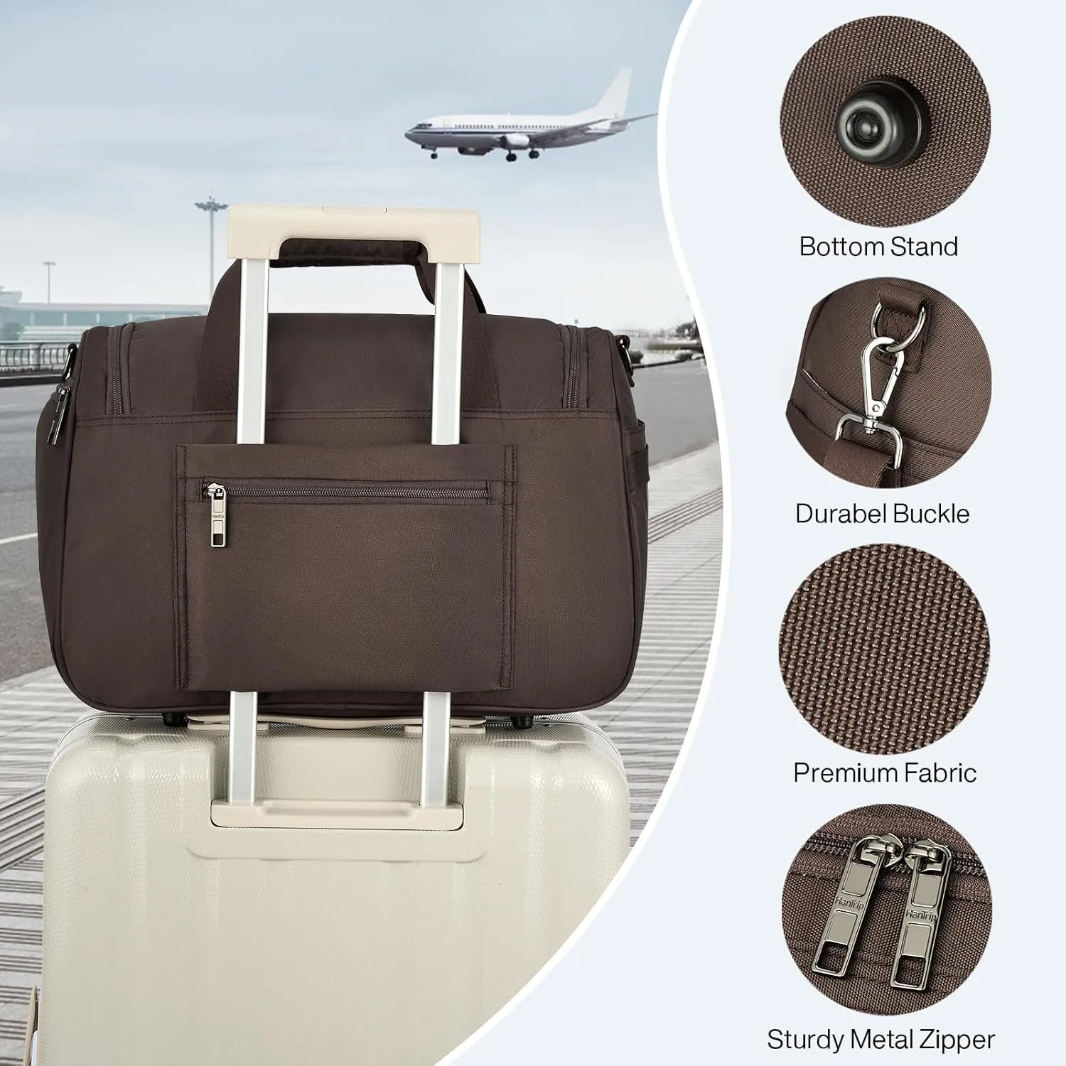 Foldable Underseat Carry On Luggage Bags for Travel Lightweight Overnight Weekender Bag for Women Men Travel Tote Bag (Coffee)