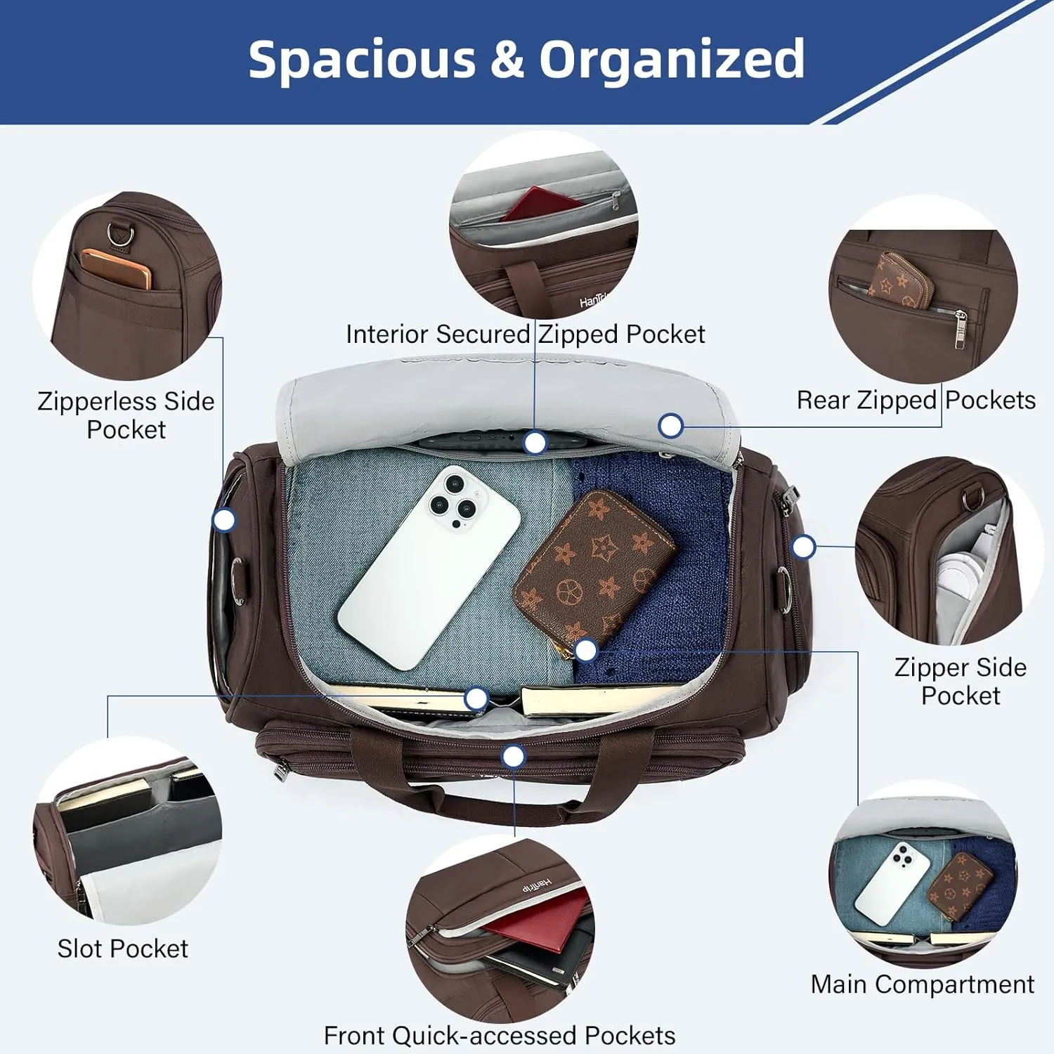 Foldable Underseat Carry On Luggage Bags for Travel Lightweight Overnight Weekender Bag for Women Men Travel Tote Bag (Coffee)